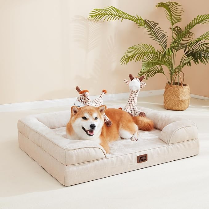 EHEYCIGA Orthopedic Dog Beds for Large Dogs, Waterproof Memory Foam Large Dog Bed with Sides, Non-Slip Bottom and Egg-Crate Foam Pet Couch Bed with Washable Removable Cover, Beige