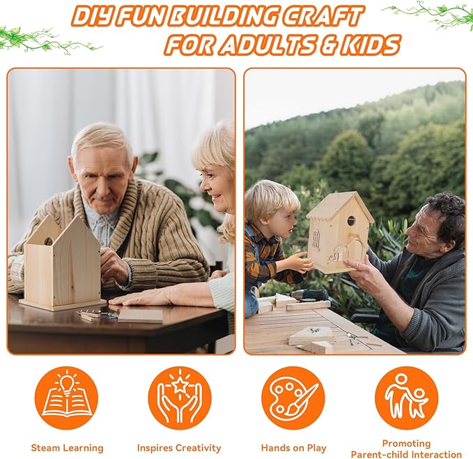 Lalafancy DIY Wooden Bird House Kit for Kids and Adults, Build it Yourself Birdhouse Kits for Outside with Paint Strips, Woodworking Adult Crafts, Hanging Birdhouse for Garden Yard Decor Gifts