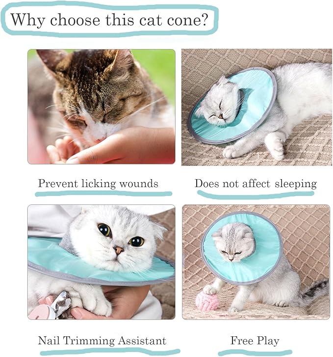 Ultra-Light Cat Recovery Collar - Waterproof Neck Cones After Surgery, Adjustable Flat Elizabethan Collars for Kitten Cats Puppy Rabbits, Mint Green, M Size