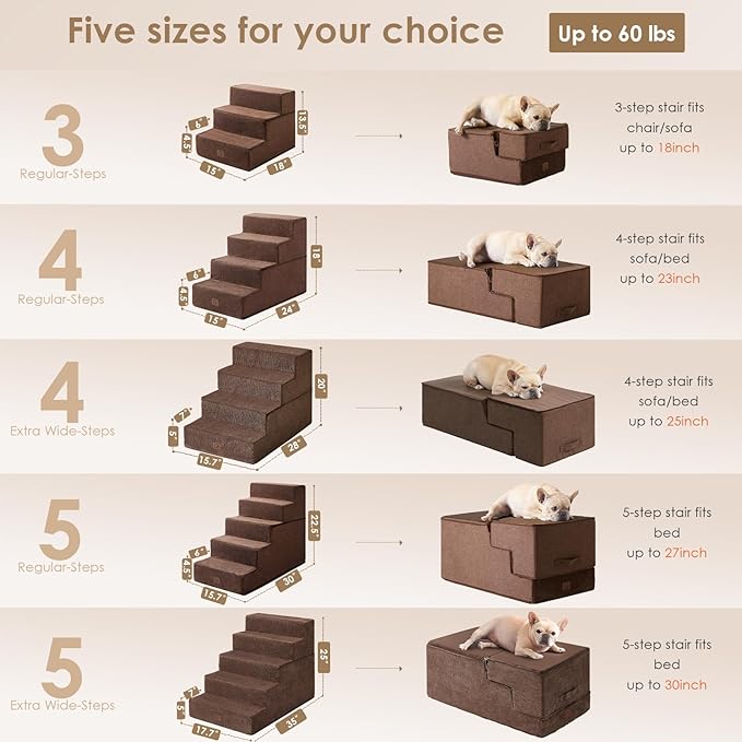 EHEYCIGA Dog Stairs for High Bed 25" H, 5-Step Extra Wide Dog Steps for Bed, Pet Steps for Small Dogs and Cats, Non-Slip Balanced Pet Ramp Indoor, Brown