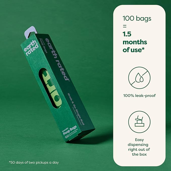 Earth Rated Dog Poop Bags, Thick Grab and Go Single Roll, Ideal for Backyard Pickups, Lavender Scented, 100 Count