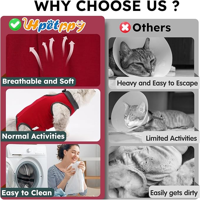 Cat Recovery Suit After Surgery, Breathable Cat Surgery Recovery Suit for Spay Abdominal Wounds or Skin Diseases, E-Collar Alternative Wear for Small Male Female Pets (Red,L)