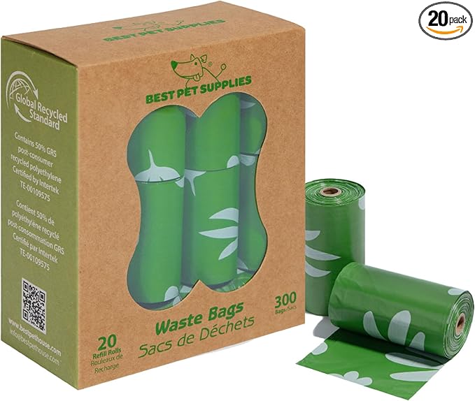 Best Pet Supplies Poop Bags for Dogs, 50% Post-Consumer Recycled Content dog waste bags on rolls, fits all poop bag holders for leashes - 300 Count, Green, Unscented