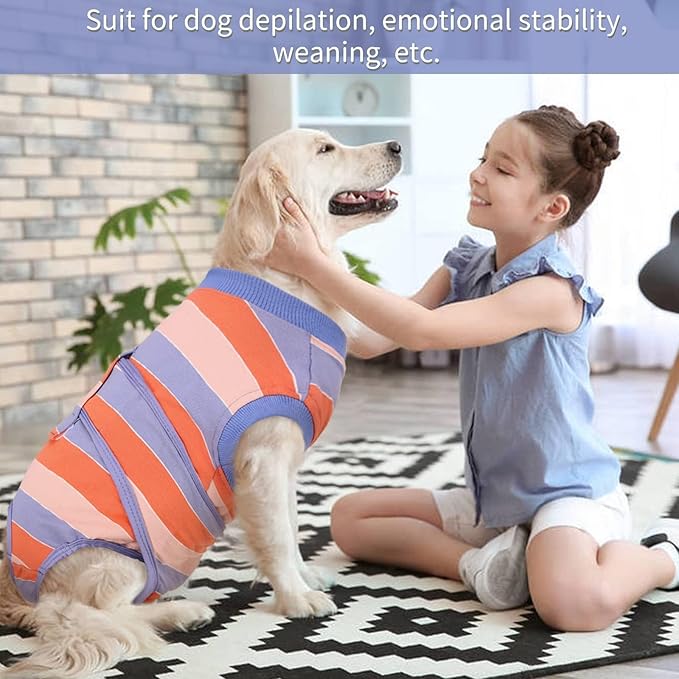 Kuoser Dog Surgery Recovery Suit for Female Male Dogs, Stripes Spay Neuter Anti-Licking Dog Onesie, Abdominal Wounds Surgical Suit Snugly Pet Collar Alternative Post Surgery Vest Bodysuit, Orange L
