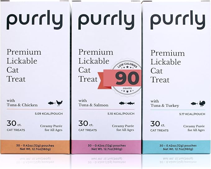 Purrly Healthy Premium Cat Treats Snack Topper Tuna Variety Bundle (90 Count) Lickable Wet Squeezable Hydrating Interactive Seafood Grain-Free Naturally Flavored Non-GMO No-Preservative