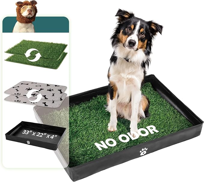 MEEXPAWS Dog Grass Pad with Foldable Dog Litter Box, Large Pee Pad Holder Foldable Liner Base High Side with Odor Free Artificial Grass for Puppy Potty Training Balcony, 2 PCS Reusable Pee Pads
