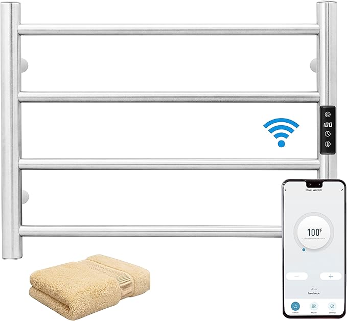 KEG Smart WiFi Towel Warmer Wall Mounted with Built-in Timer and Temperature Adjust Control, 4 Bars Electric Stainless Steel Heated Towel Racks for Bathroom Brushed Nickel