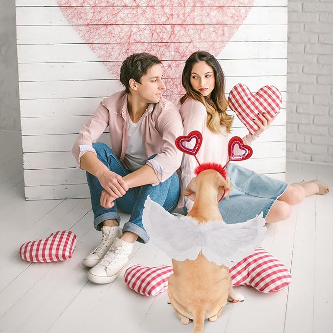 SCENEREAL Dog Outfit/Birthday Bandana with Feather Wing & Heart Headband Dogs Girls Set, Red Puppy Kitty Party Supplies for Small Medium Dogs Cats, Pet Costumes-(Small)