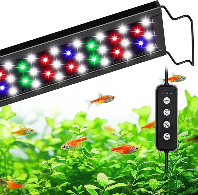 AQQA Aquarium Light,Full Spectrum Fish Tank Light for Plants,3 Mode+Timer+Adjustable Brightness,High Brightness LED Beads with Extendable Brackets for Freshwater (36W for 48-55inch)