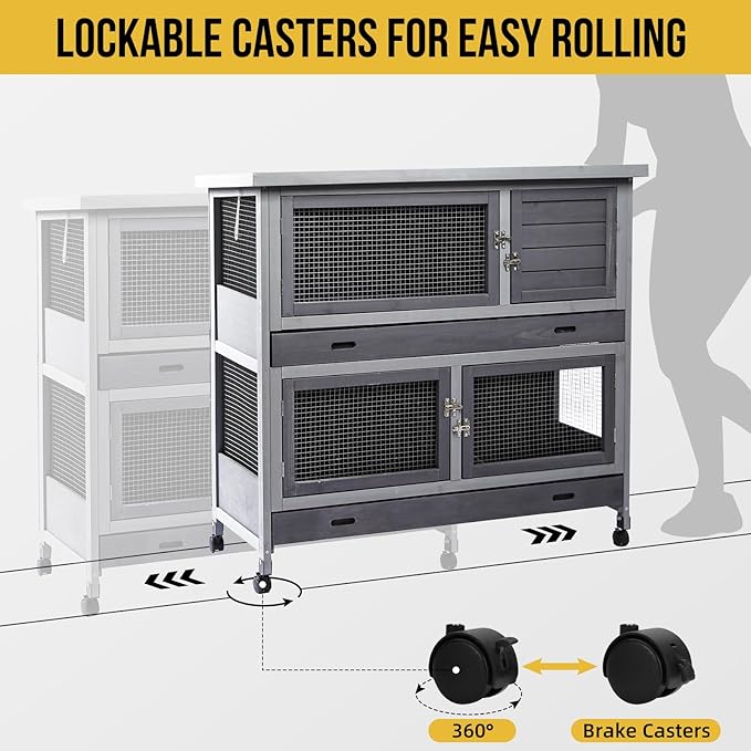 Rabbit Hutch Bunny Cage Indoor Outdoor with Wheel Deeper Tray Chew Proof Guinea Pig Cages 2 Decks Large Rabbit House with 4 Wooden Doors Weatherproof 41.3" L*17.3" W*41.3" H