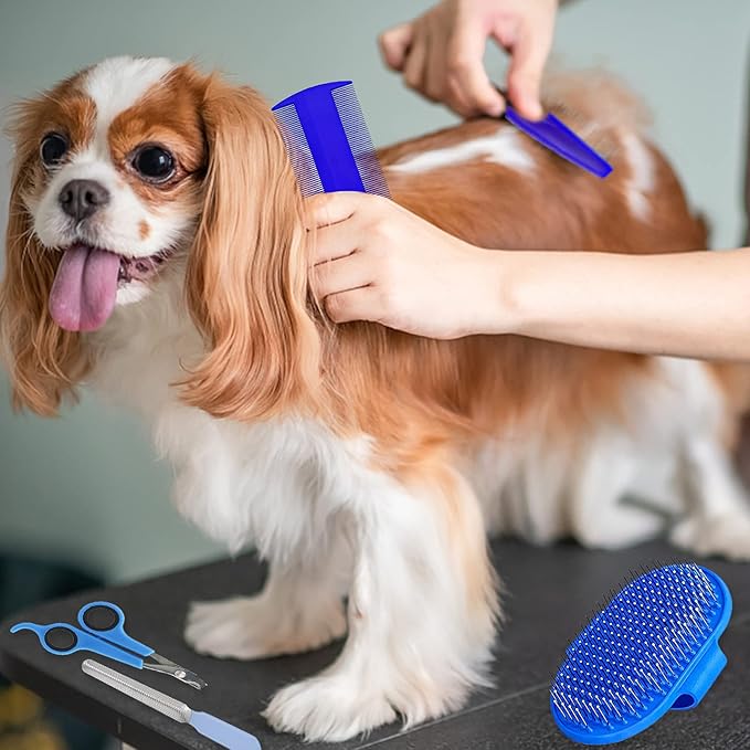 7-Piece Small Pet Grooming Kit with Brush, Nail Clippers, and Adjustable Strap for Rabbits, Hamsters, Guinea Pigs (Blue)