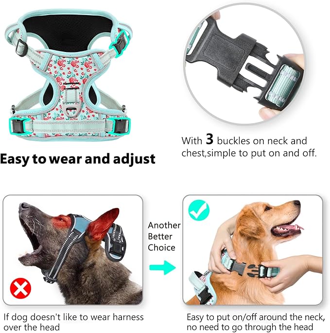 Timos No Pull Dog Harness, Release at Neck Reflective 3 Snap Buckles Adjustable No Choke Pet Vest with Front & Back 2 Leash Clips, Soft Padded Control Training Handle for Small Medium Large Dogs