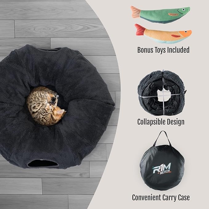 R1M Cat Tunnel Bed for Indoor Cats, Cute Cat Donut Tunnel Toys for Small, Larger Cats with Two Fish Cat Toys, Round Pet Peekaboo Cave Toy for Kitten, Dark Grey