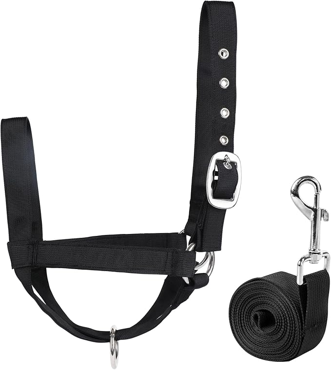 XUANNIAO Easily Adjustable Figure 8 Cow Halter, Double-Ply Premium Livestock Cattle Halters, Colorful Cow Utility Calf Halter with Leading Rope for Miniature Horse Donkey Goat Foal (Small, Black)