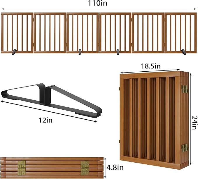 Freestanding Pet Gate Foldable Dog Gate (110 inches Wide) Walnut Bamboo Dog Gates for Stair Doorways House Puppy Fences Indoor (4 Support Feet Included)