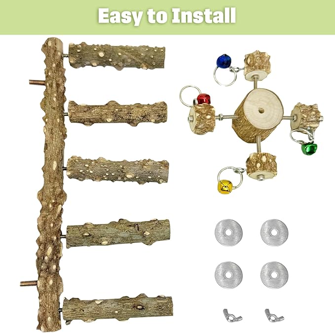 BNOSDM Natural Wood Bird Ladder Perch with Rotating Bell Toys-Exercise Stands for Parrot Climbing Chewing Parakeet Bridge Cage Accessories for Cockatiel, Conures, Lovebirds, Budgie