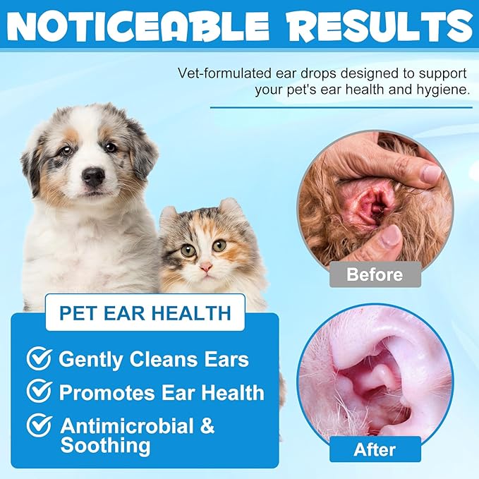 Ear Infection Treatment Drops for Dogs and Cats, Pets Ear Cleaning Solution Drops with 1% Hydrocortisone Soothing Dog Yeast Infection, Itchy Ear Relief, Pet Ear Care Supplies for Dogs & Cats - 2 fl oz