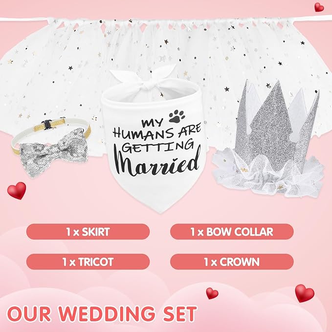 SCENEREAL Dog Wedding Outfit Dress with Bandana Bowite Collar and Crown Hat Set for Dog Girls, Puppy Kitty Party Supplies, Tutu Skirt Costume for Small Medium Large Dogs Girl Cats