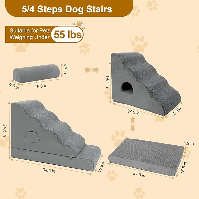 Dog Stairs for Small Dogs 24.6" H, 5-Step Dog Steps for High Bed, High-Density Foam Curved Pet Stairs with Non-Slip Removable Washable Cover to Get on Bed
