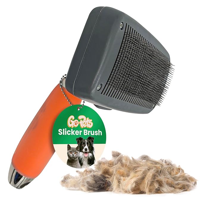 GoPets Self-Cleaning Slicker Brush for Dogs & Cats, Deshdding & Dematting Comb with Retractable Bristles for Easy Cleaning, Undercoat Grooming Tool, Non-Slip Handle, Detangler for Mats & Loose Pet Fur