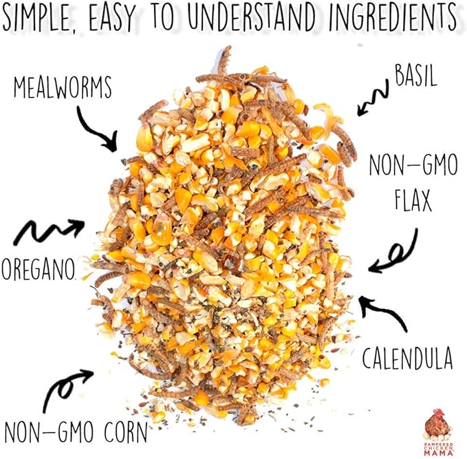 Pampered Chicken Mama Non-GMO Mealworm, Corn, Flax, & Herb Treat (10 Pounds) for Backyard Chickens, Healthy Layer Feed & Supplies for Pet Chickens Poultry Queen Treat for Hens