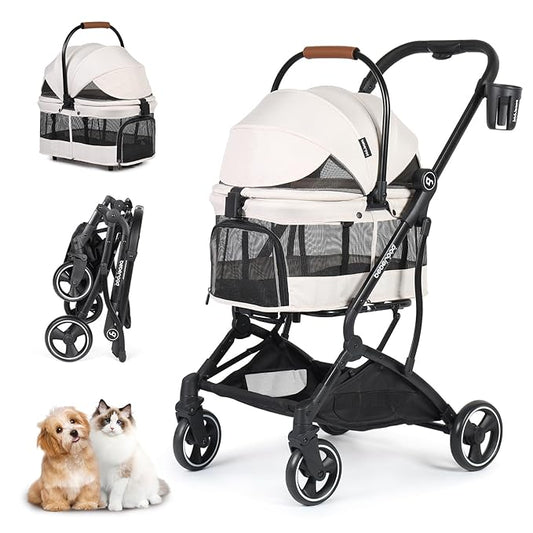 T3 Foldable Pet Stroller for Small Dogs & Cats – 3-in-1 Lightweight Design, 180° Canopy & Detachable Carrier (Beige)