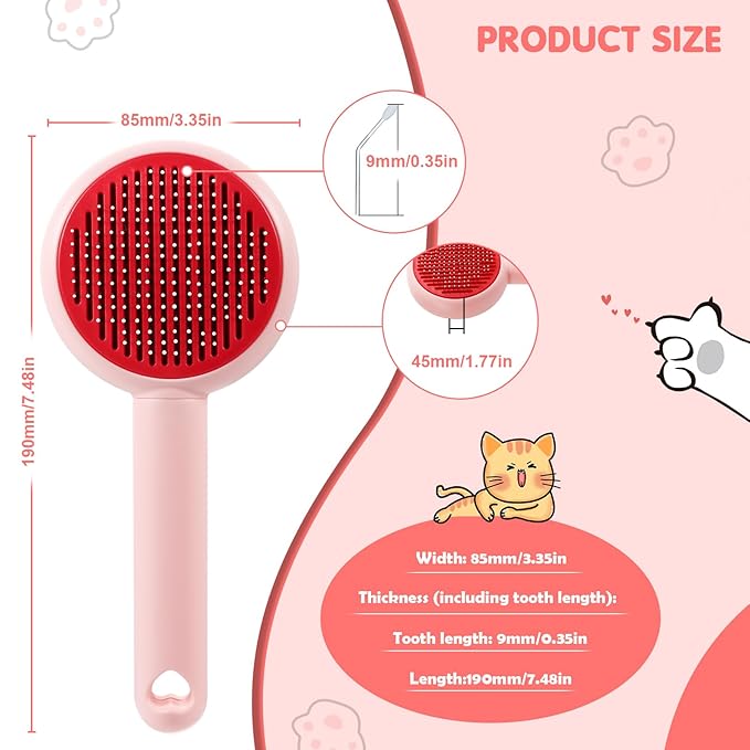 New cat brush&dog brush,pet hair brush with Self Cleaning Button Easy to remove loose undercoat，Needle-tip massage beads, no harm to the skin,Lovely Heart Series(Pink)