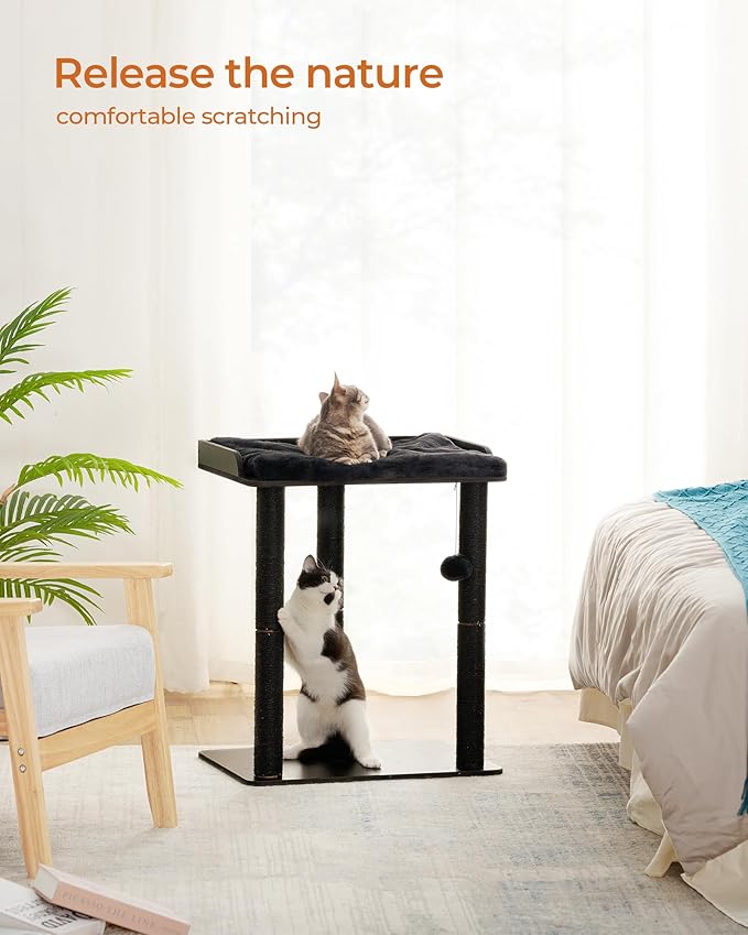 FourFurPets 26.7in Cat Tree Tower Condo, Cat Scratch Posts for Indoor Cats, Big Plate, Three 23.6in Full Sisal Scratching Posts, Black