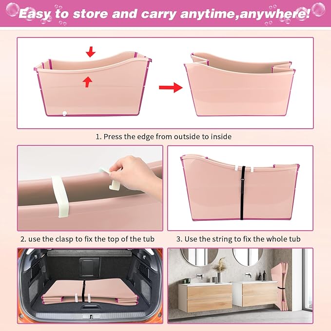 YUEPET Extra Large Foldable Dog Bath Tub for Large Dogs, 49 Gal Portable Dog Bathtub Lightweight Hightened Pet Wash Station with Drain Plug for Big Dogs Indoor/Outdoor Bathing, Camping (Pink)