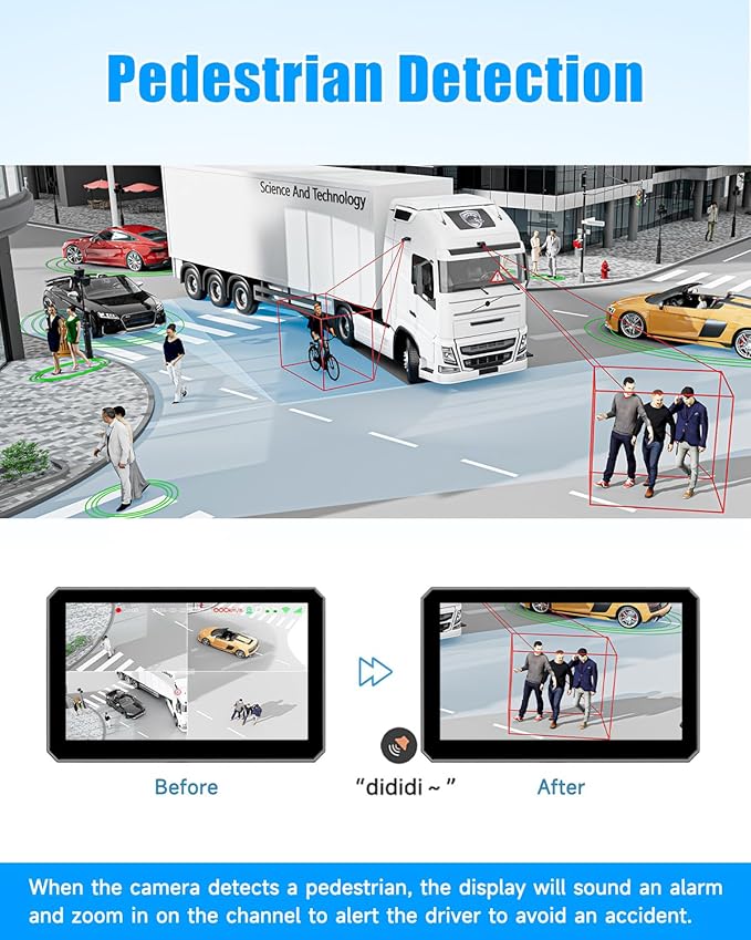 4CH 10.1 inch AI WiFi GPS RV Backup Camera Monitor System with Touch Screen and 4x1080P Waterproof Night Vision Cameras, Blind Spot Detection DVR Video Recorder for Truck Trailer Semi Camper Van Taxi