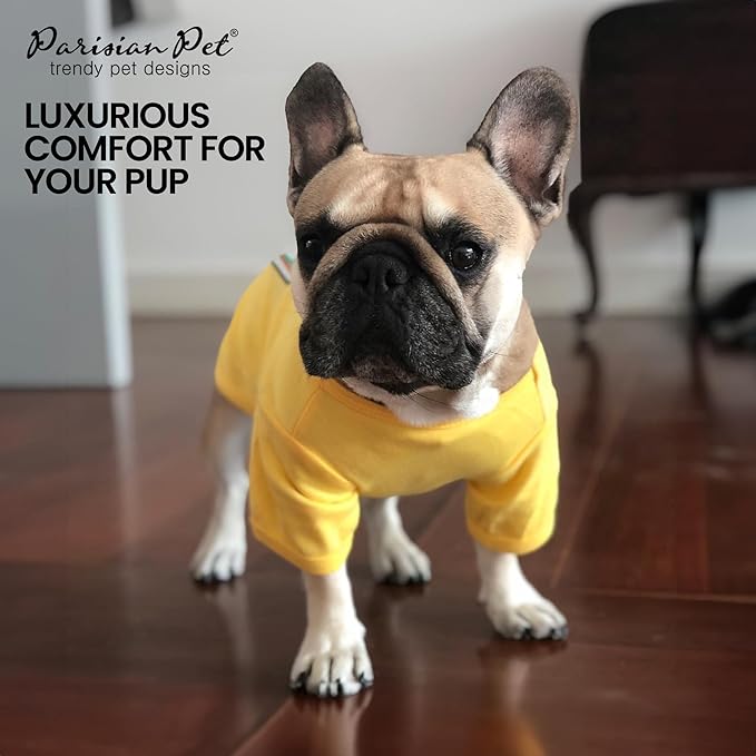 Parisian Pet Dog Shirt - Embroidered “Mustard on My Food“ - 100% Cotton and Polyester Dog Clothes - Sleeved, Lightweight Costume for Dogs - Yellow Dog Shirts for Large Dogs - Pet Costumes - 2XL
