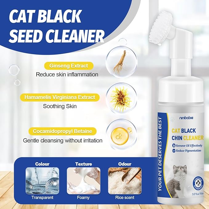 Cat Black Seed Cleaner,Remove Cat Chin Blackheads,Cat Acne Chin Treatment,2-in-1 Wash and Brush,Cruelty-Free and Freshness 5.07 fl.oz