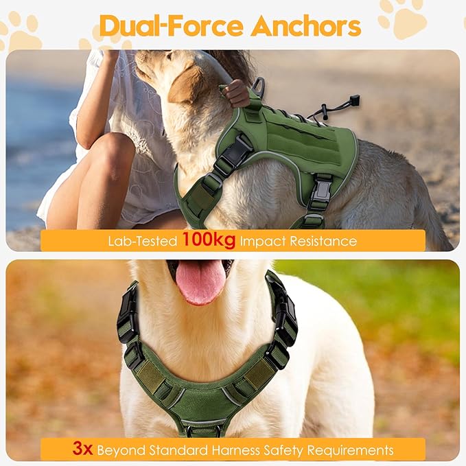 Heavy-Duty Tactical Dog Harness for Large Dogs, No Pull Adjustable Reflective Pet Vest with Molle System, K9 Military-Grade Control for Service Training, Outdoor & 10+ Breeds, Green, X-Large