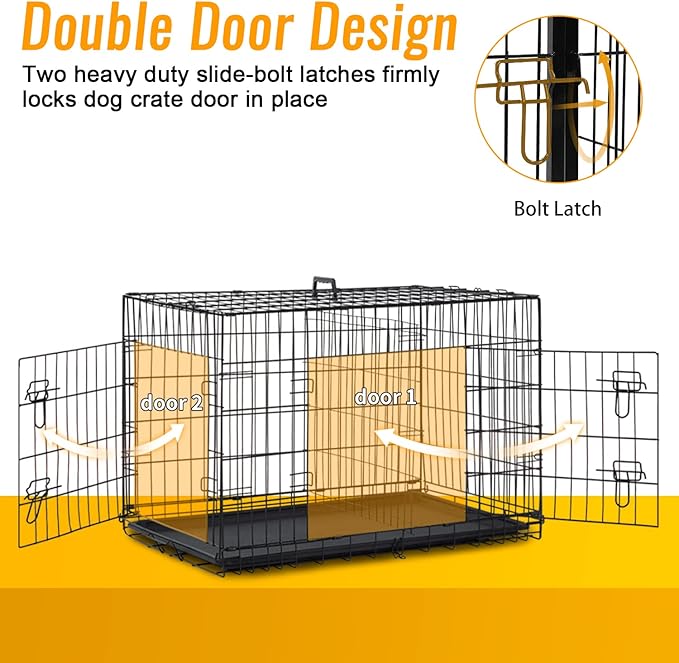 FDW Dog Crate for Medium Dogs 30 Inch Folding Metal WirePet Cage Double Door W/Divider Panel Indoor Outdoor Kennel Leak-Proof Plastic Tray,Black