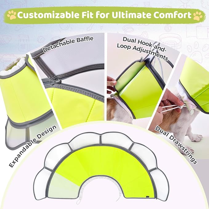 Soft Dog Cone Collar After Surgery Recovery,Adjustable E-Collar with Removable Shield,Lightweight,Breathable Anti-Licking Protective Cone for Large,Medium,Small Pets (Neon Green, L (Neck:15.5''-19''))