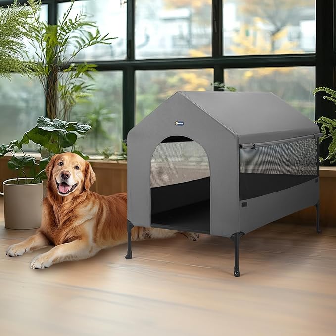Veehoo 41" Dog House, 2-in-1 Large Dog House Outdoor Indoor Weatherproof, Outside Elevated Dog Cot Bed Dog Tent Shade, Three-Sided Breathable Mesh Windows and Sunshades, CWC2435CP