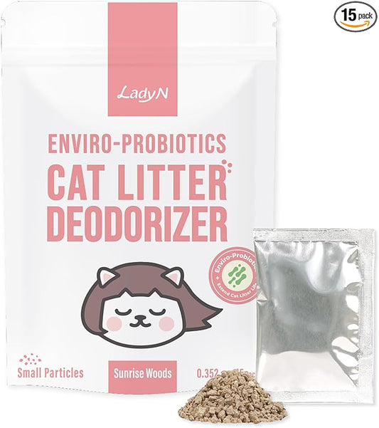 Lady N Cat Litter Deodorizer – Litter Box Odor Eliminator with Enviro-Probiotics,Cation Odor Control,Natural Ingredients Safe for Cats, Extends Litter Lifespan,Refreshing Woody Scent, 10g x 15Packets