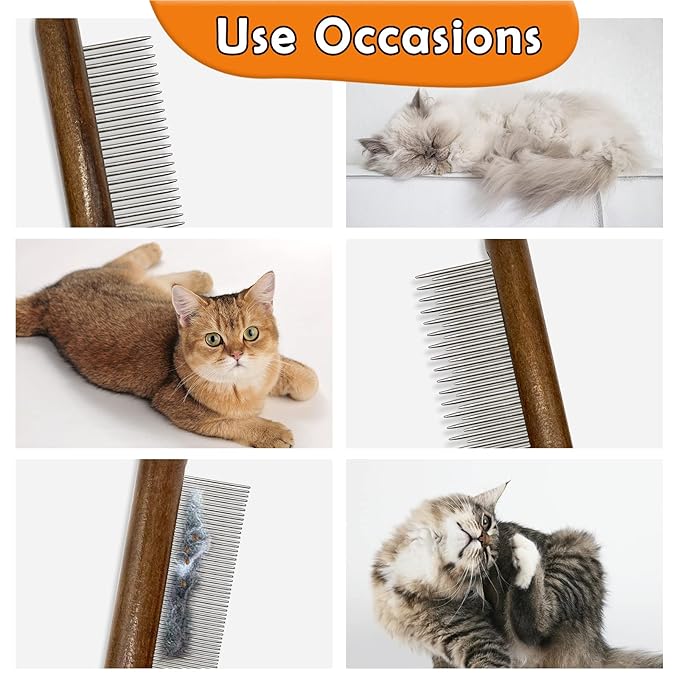 3 Pack Solid Wood Cat Combs, Stainless Steel Teeth for Cat Dog Rabbit Massage, Flea Lice Comb Removes Mats, Tangles and Loose Fur, Grooming Comb for Small Medium Pets