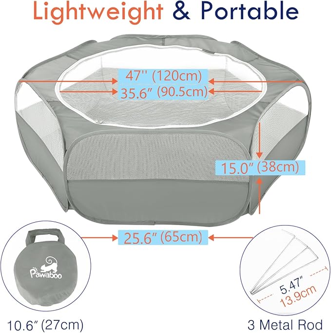 Pawaboo Small Animals Playpen, Waterproof Small Pet Cage Tent with Zippered Cover, Portable Outdoor Yard Fence with 3 Metal Rod for Chick/Kitten/Puppy/Guinea Pig/Rabbits/Hamster/Chinchillas,Light Gray