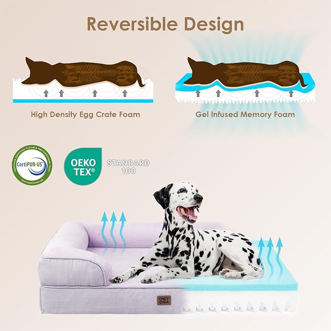 EHEYCIGA Orthopedic Dog Beds for Large Dogs, Waterproof Memory Foam Large Pet Bed with Sides, Non-Slip Bottom and Egg-Crate Foam Dog Couch Bed with Washable Removable Cover, Lilac