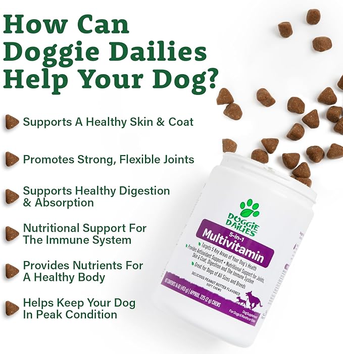 Doggie Dailies 5 in 1 Multivitamin for Dogs, Dog Multivitamin for Skin and Coat Health, Joint Health, Improved Digestion, Antioxidants, Support a Healthy Immune System (Peanut Butter) 225 Soft Chews
