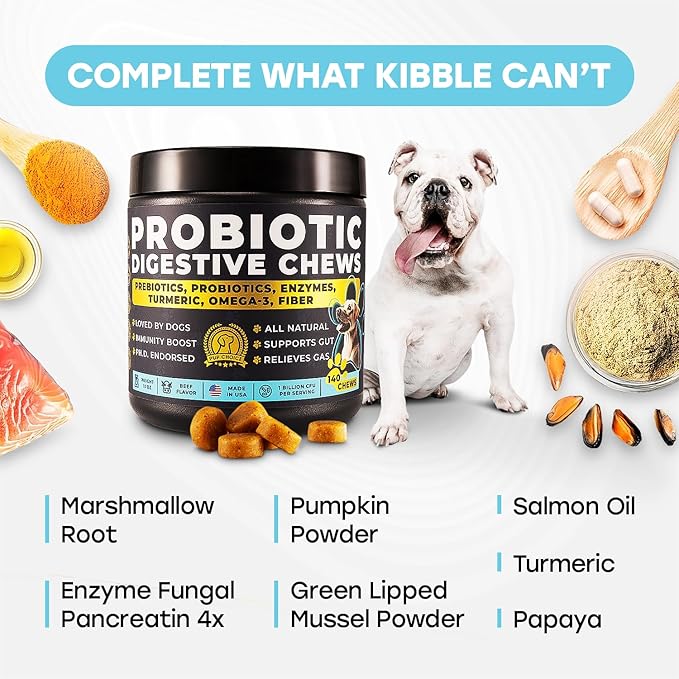 Probiotics for Dogs - PhD Endorsed Digestive Enzymes - Gut Health, Diarrhea & Bowel Support - Dog Treats with Turmeric, Omega-3 & Fiber - Immune Soft 140 Chews - Beef Flavor - Made in USA