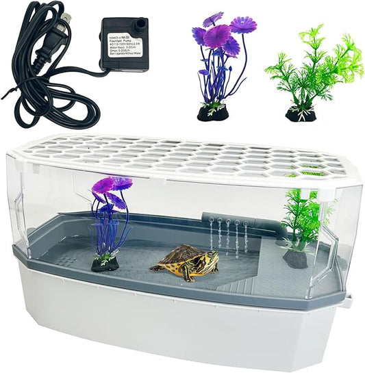 Hamiledyi Acrylic Turtle Aquarium Kit with Lid, Water Pump, Basking Platform, Bottom Drainage, Multi-Function Area Habitat for Turtles, Crabs, Crayfish, Tortoises