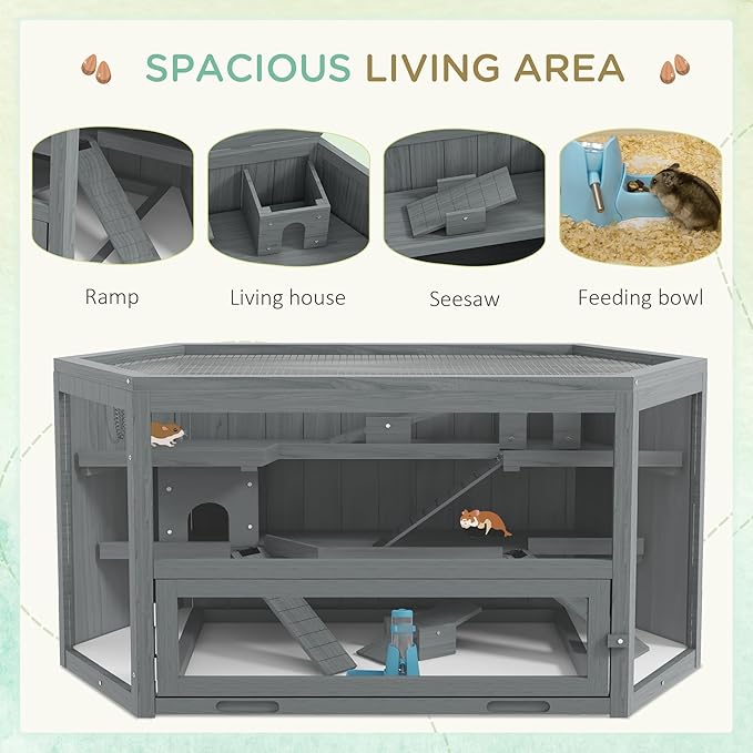 PawHut Wooden Large Hamster Cage, Rat Habitat, 3 Tier Small Animal Exercise Play House with Tray, Water Bottle, Activity Center, Gray