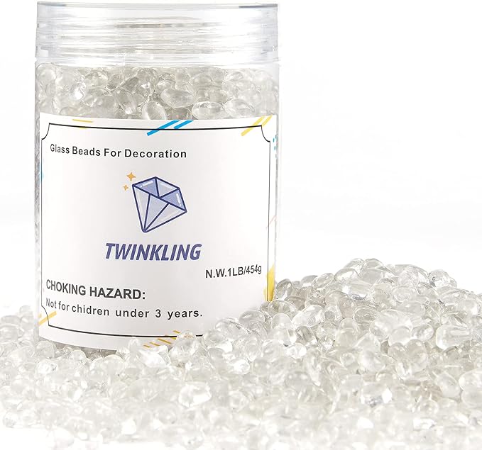 TWINKLING High Luster Round Fire Glass Stones, Marbles, Pebbles, Beads Gems for Fire Pit Vase Fillers Crafts Aquarium Garden Decoration, 3-6mm, 1-Pound Jar (Crystal)