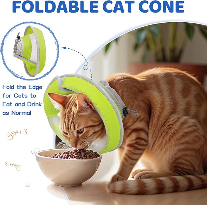 Breathable Air Mesh Cat Cone Collar Soft to Stop Licking, Adjustable, Foldable Lightweight Kitten Cones After Surgery Recovery for Cats & Kittens (Yellow Green, S)