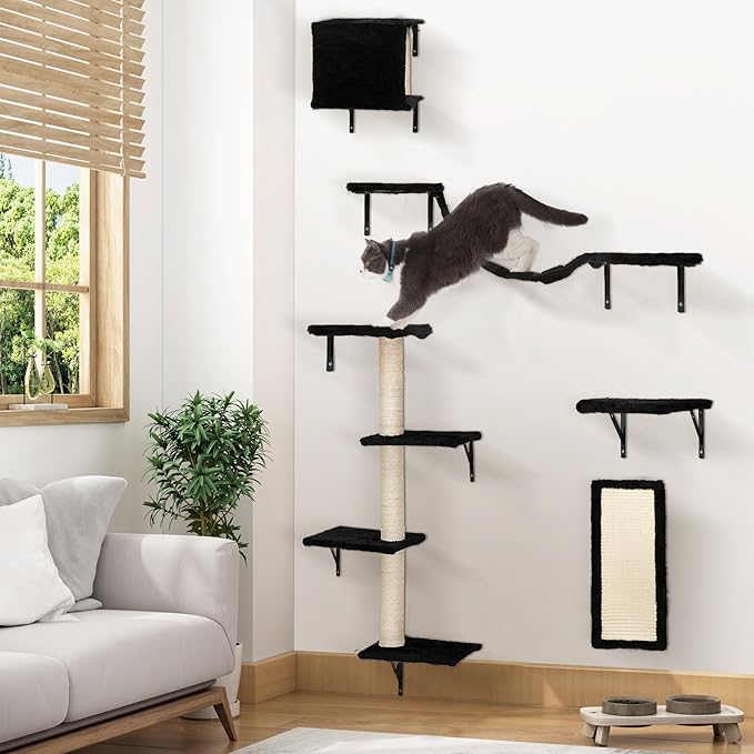 COZIWOW Wall Mounted Cat Furniture, Cat Wall Shelves and Perches, Floating Cat Shelves for Wall Set of 5 (Black)