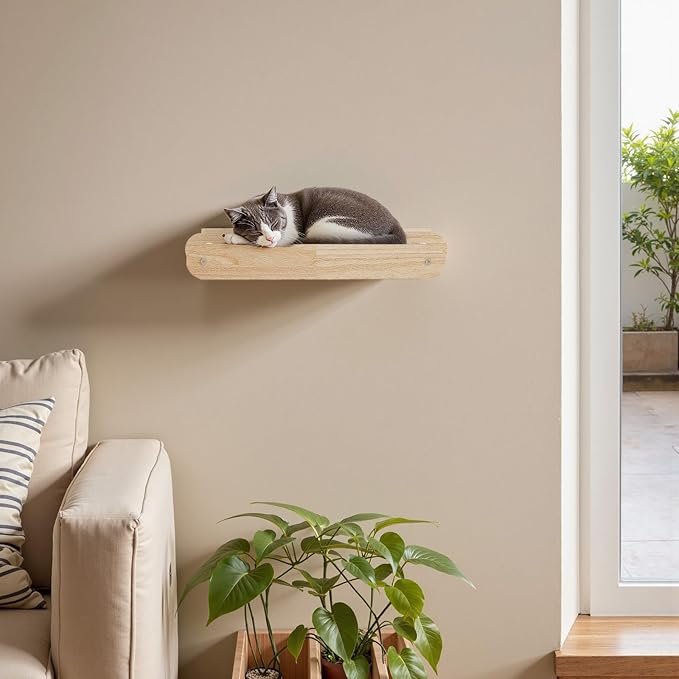 HOOBRO Wood Cat Wall Shelf, Cat Hammock and Wall-Mounted Bed Furniture with Soft Fabric, 18.9" L x 13.8" W, Easy to Install, Holds up to 40 lb, for Lounging, Playing, Sleeping, Natural NL03CS03N1