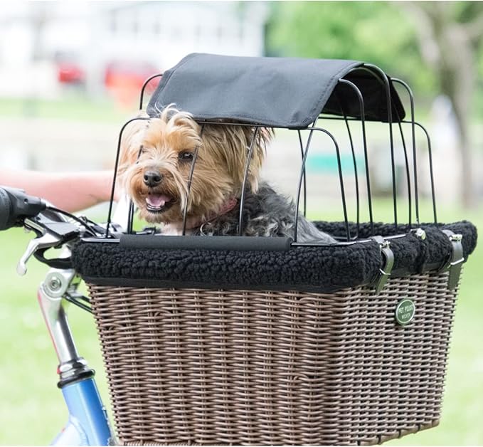 Travelin K9 Pet-Pilot MAX Wicker Bike Basket for Dogs/Cats - Includes Wire Cage Top w/Sun Shade + Plush Removable Padded Liner
