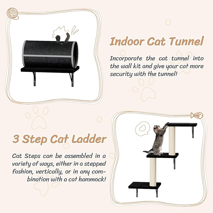 NUNU LAB Wall Mounted Cat Furniture, 7 Pcs Cat Wall Shelves with House, Tunnel, Bridge, Steps, Scratcher, Hammock, Bed, Indoor Safe & Stable Furniture for Kittens Play, Black